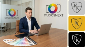 Small business brand identity elements including logo, color palette, and typography samples