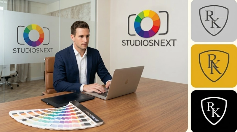 Small business brand identity elements including logo, color palette, and typography samples
